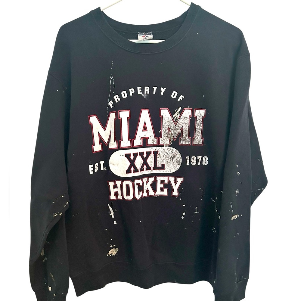 VTG Miami Hockey Sweatshirt Jerzees Medium XXL Graphic Distressed‎ Crew Paint